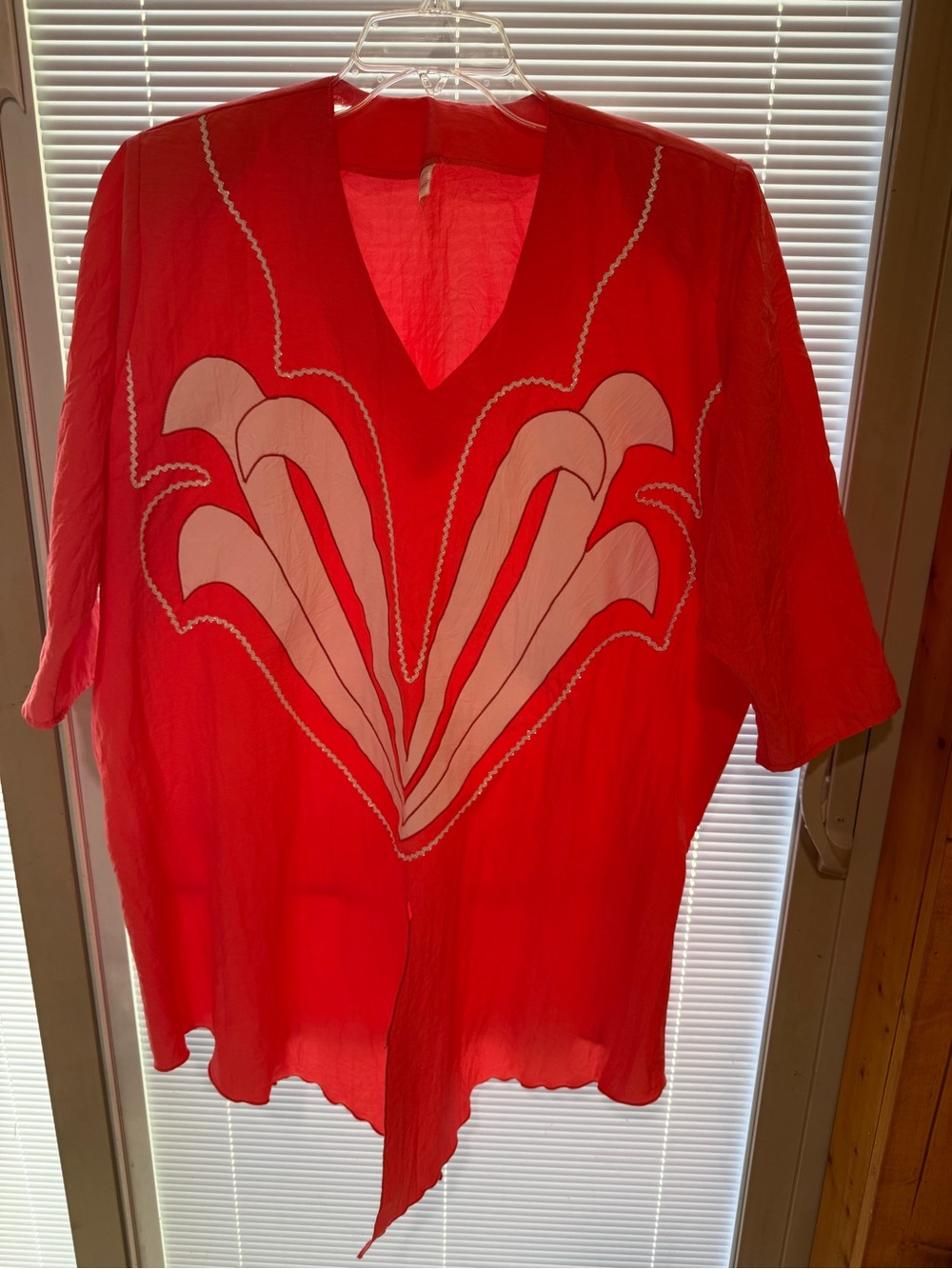 V-Neck Red Tunic Top with White Graphic Detail